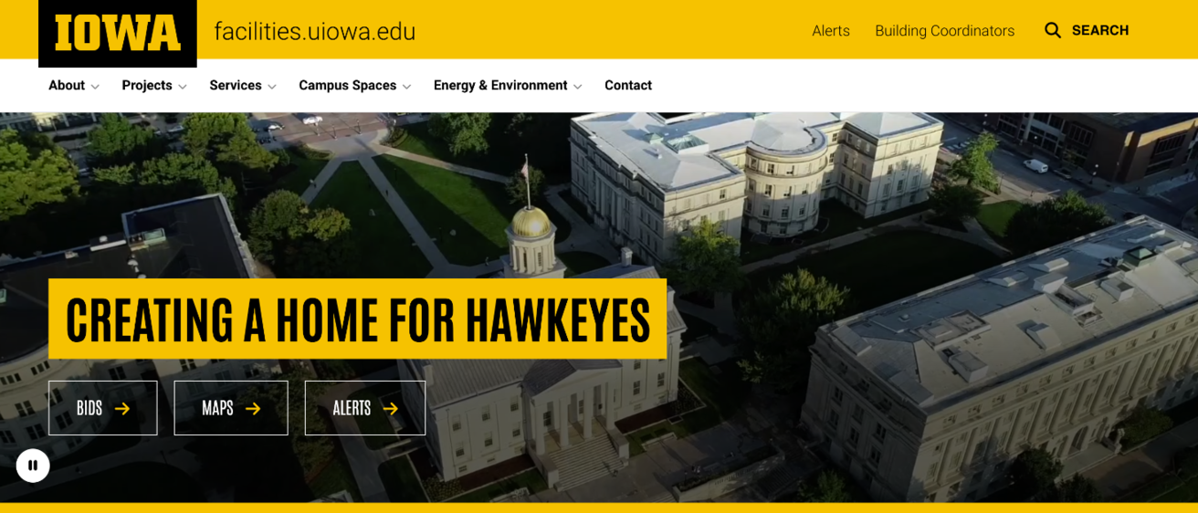 Screen grab of the FM homepage aerial drone view of the Pentacrest