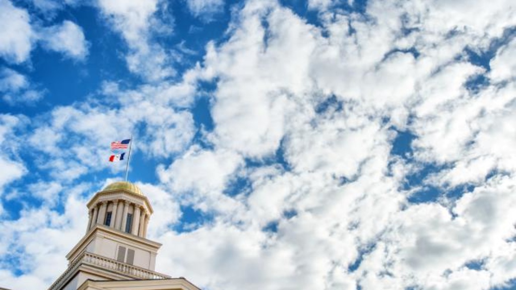 The top of the Old Capitol building photographed against a blue and white cloud sky