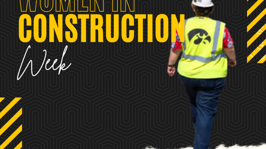 A graphic that says "Women in Construction Week" featuring a woman in a hard hat and safety vest with a Tigerhawk logo